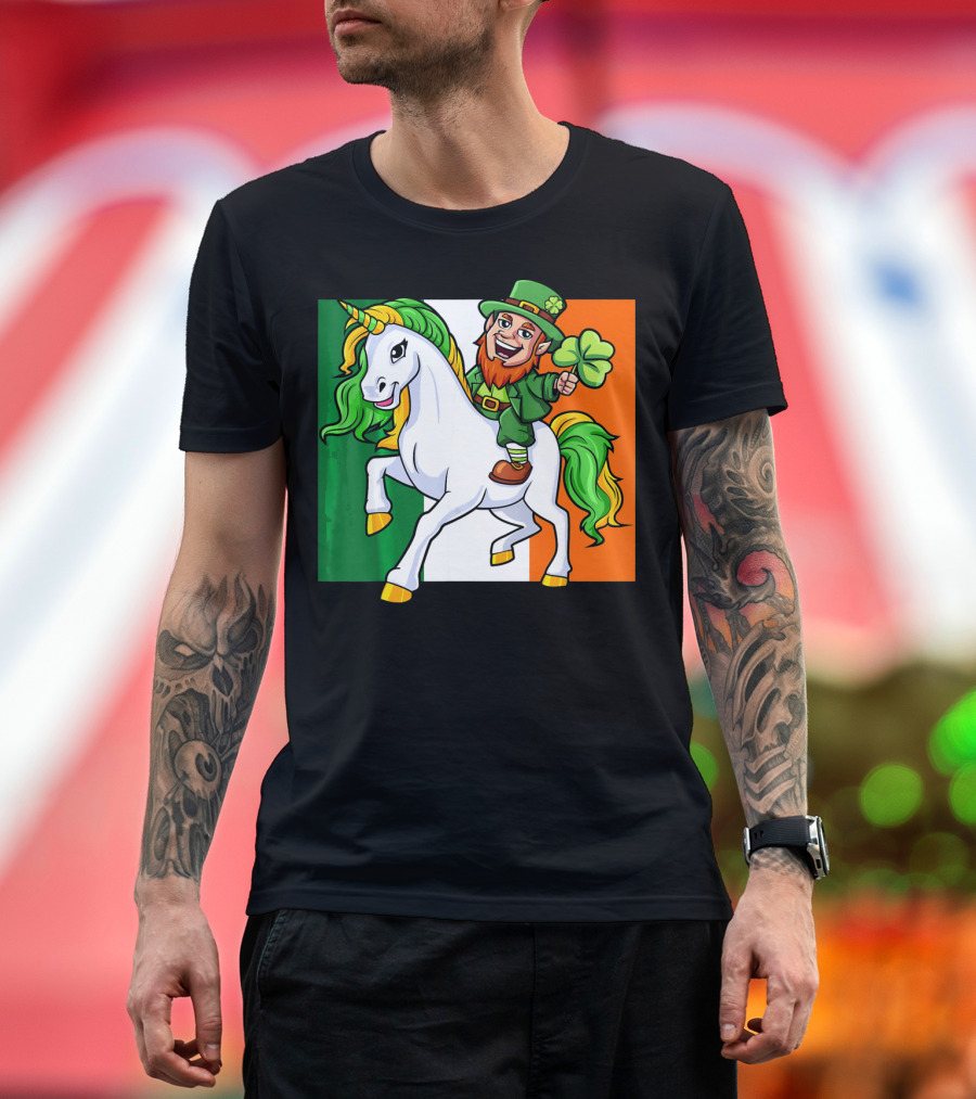 Leprechaun Riding Unicorn Irish Flag St Patricks Day T-Shirt