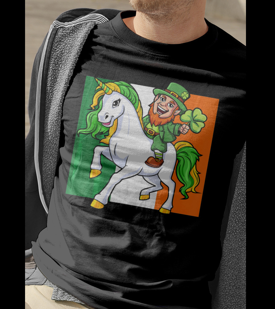 Leprechaun Riding Unicorn Irish Flag St Patricks Day T-Shirt