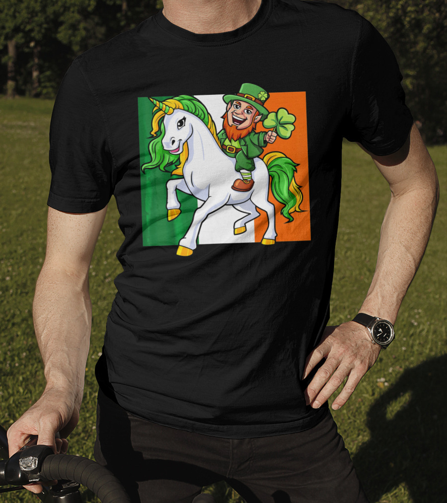 Leprechaun Riding Unicorn Irish Flag St Patricks Day T-Shirt