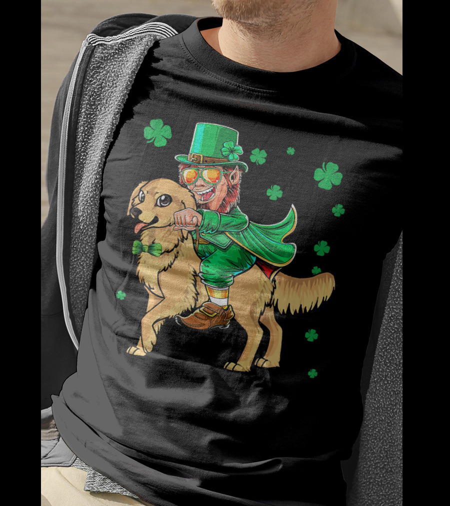 Leprechaun Riding Golden Retriever With Shamrocks T-Shirt