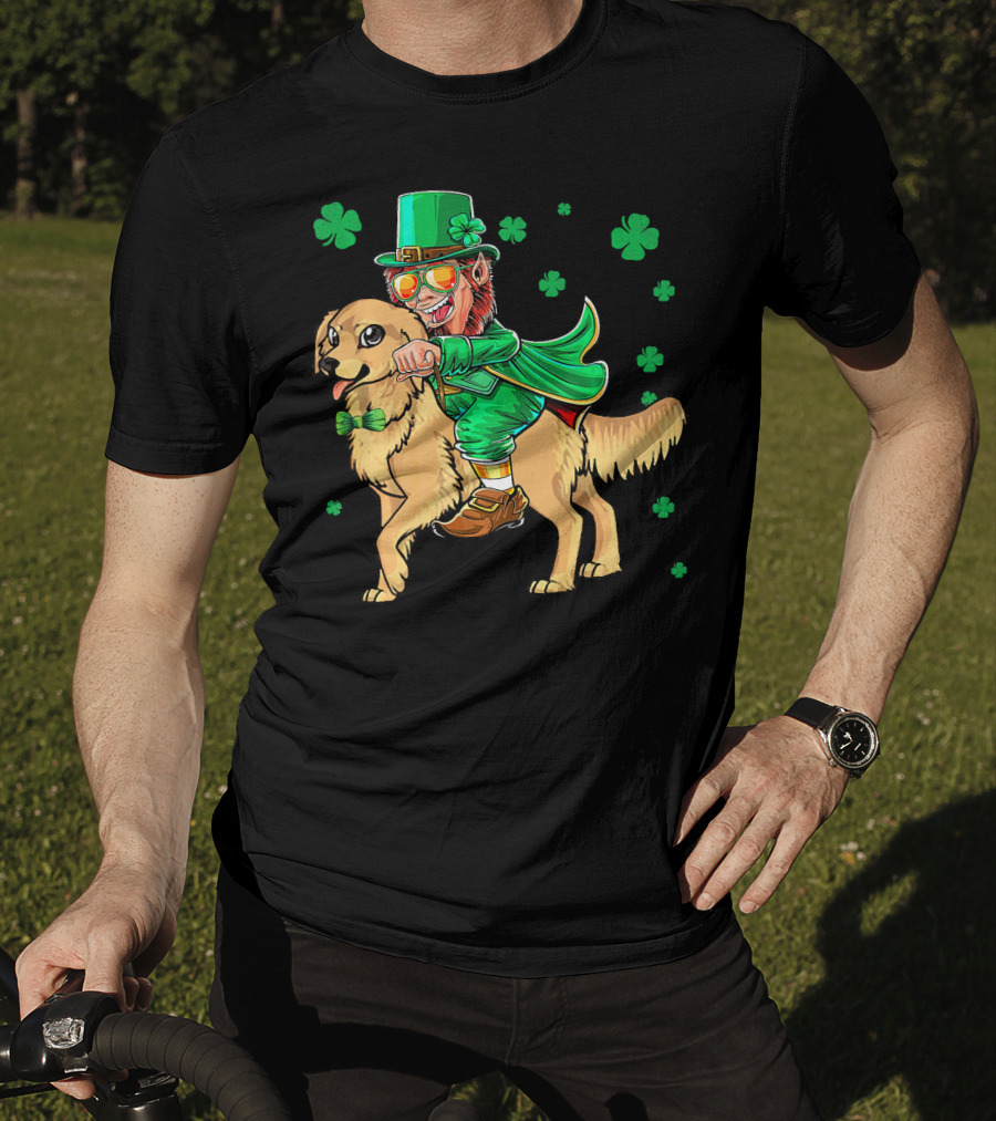 Leprechaun Riding Golden Retriever With Shamrocks T-Shirt