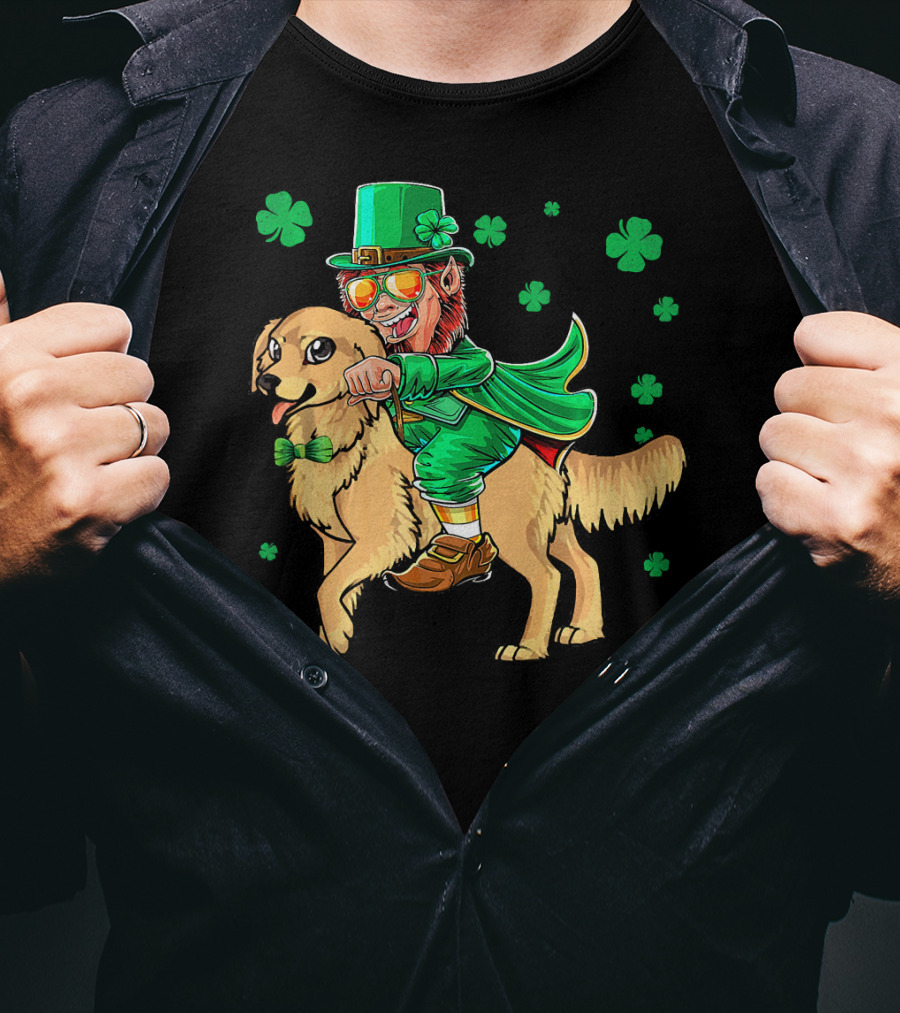 Leprechaun Riding Golden Retriever With Shamrocks T-Shirt