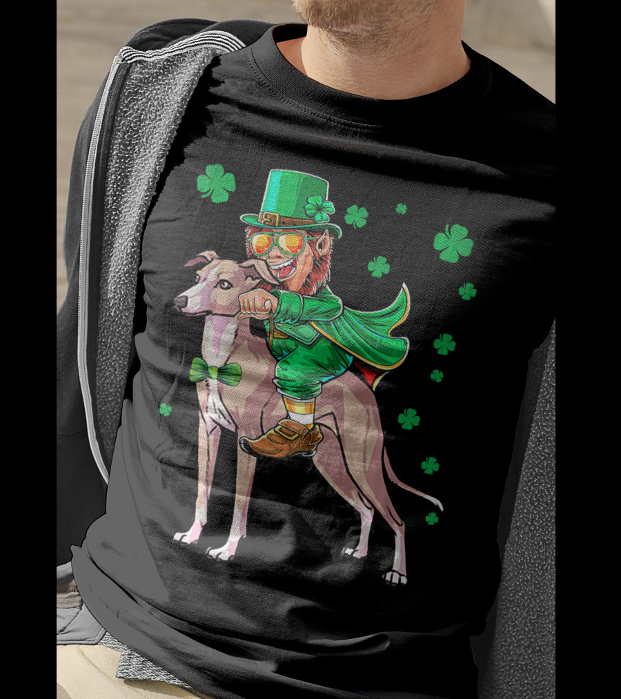 Leprechaun Riding Italian Greyhound With Shamrocks T-Shirt