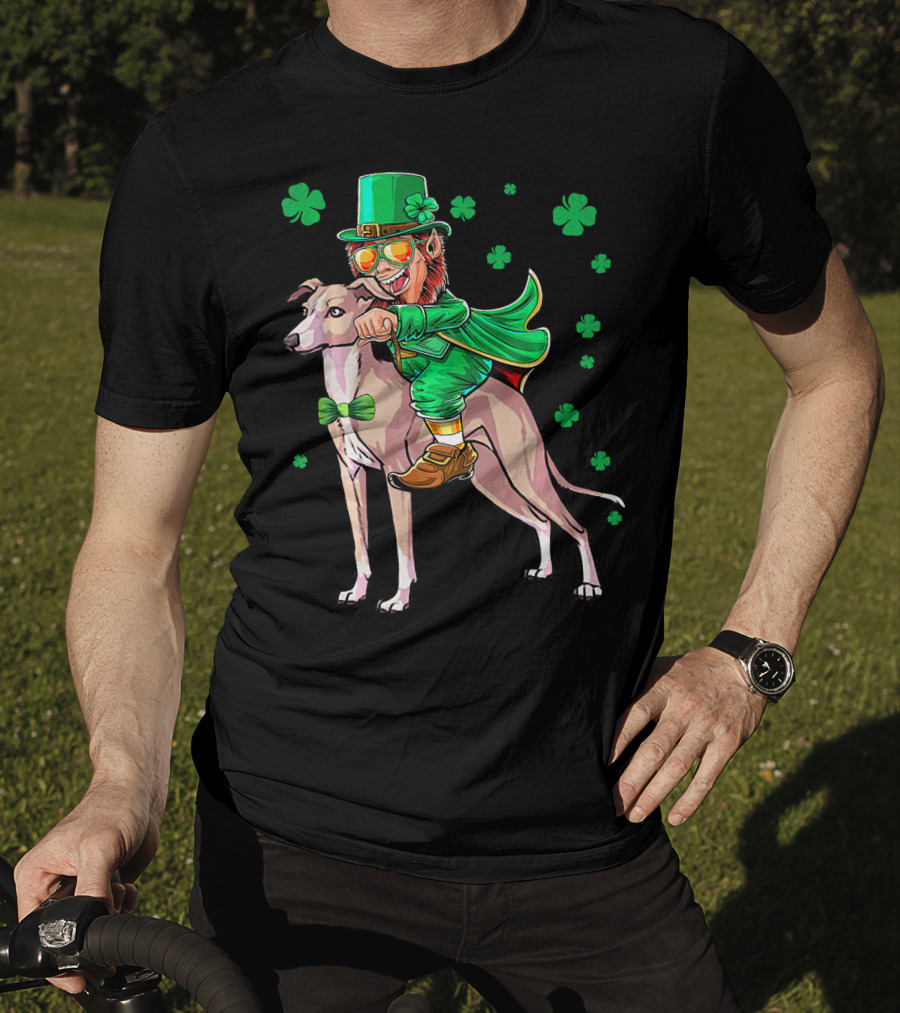 Leprechaun Riding Italian Greyhound With Shamrocks T-Shirt