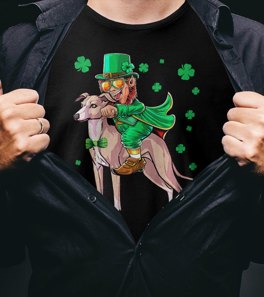 Leprechaun Riding Italian Greyhound With Shamrocks T-Shirt