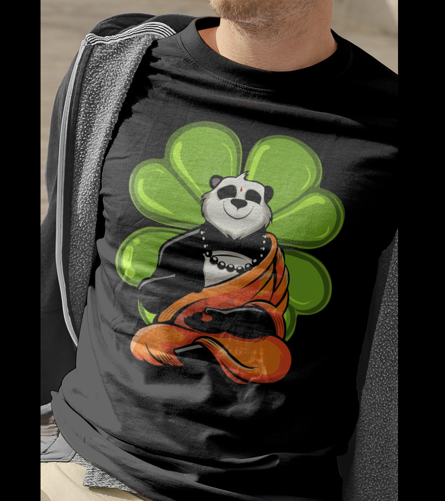 Panda Bear Buddha Zen Meditation With Lucky Four-Leaf Clover T-Shirt