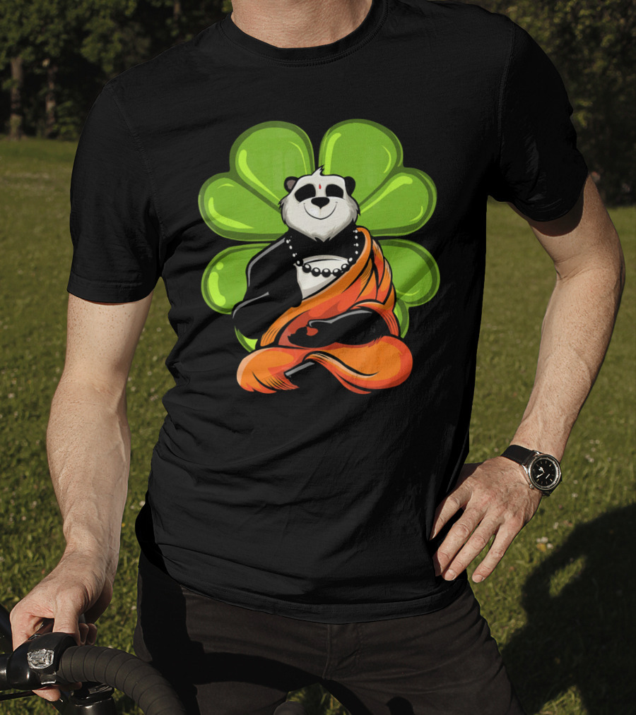 Panda Bear Buddha Zen Meditation With Lucky Four-Leaf Clover T-Shirt