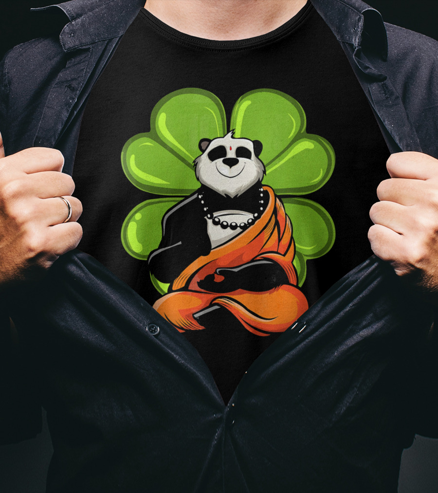 Panda Bear Buddha Zen Meditation With Lucky Four-Leaf Clover T-Shirt