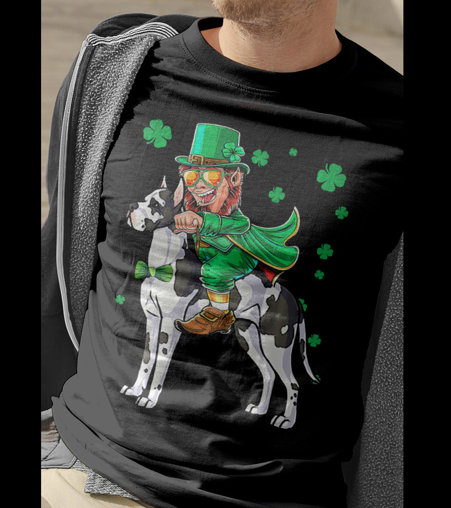 Leprechaun Riding Great Dane With Shamrocks St. Patri T-Shirt