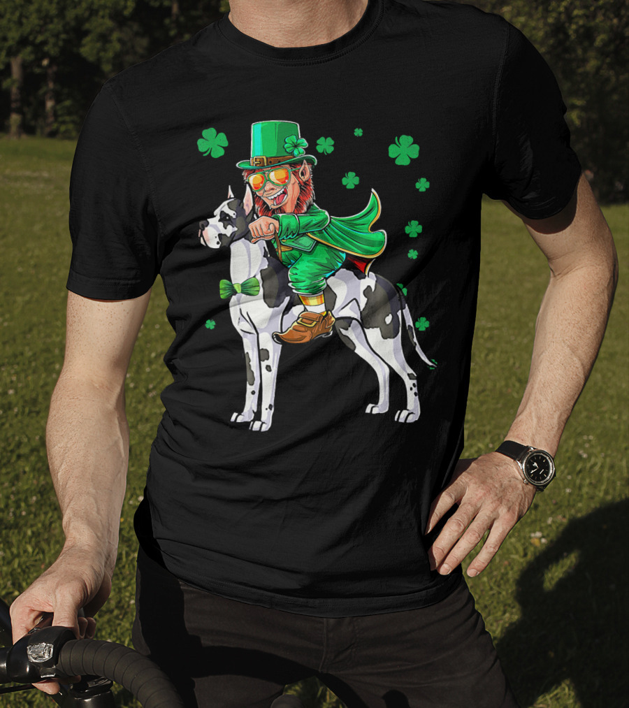 Leprechaun Riding Great Dane With Shamrocks St. Patri T-Shirt
