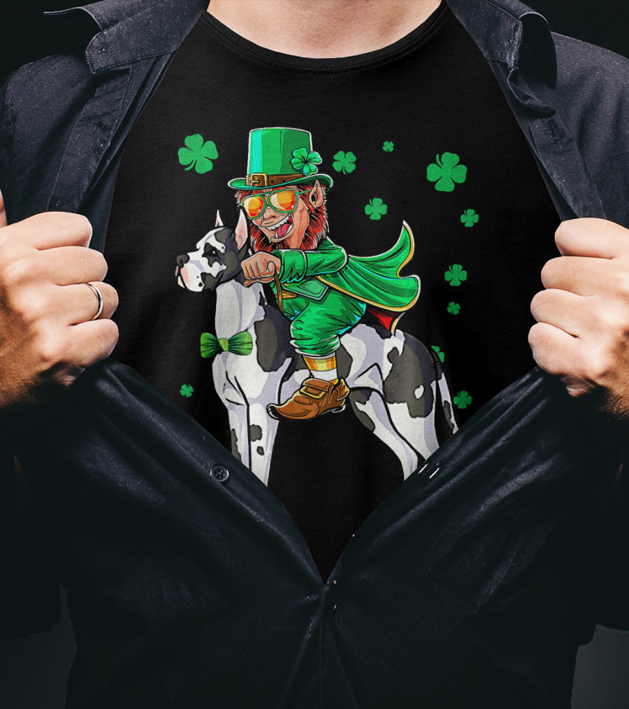 Leprechaun Riding Great Dane With Shamrocks St. Patri T-Shirt