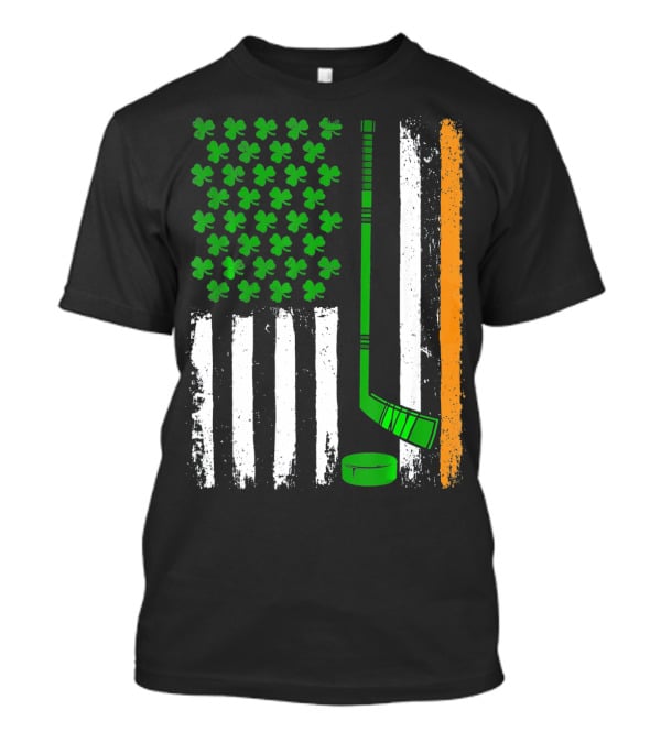 Hockey St Patricks Irish American Flag Shamrock Hockey Stick T-Shirt