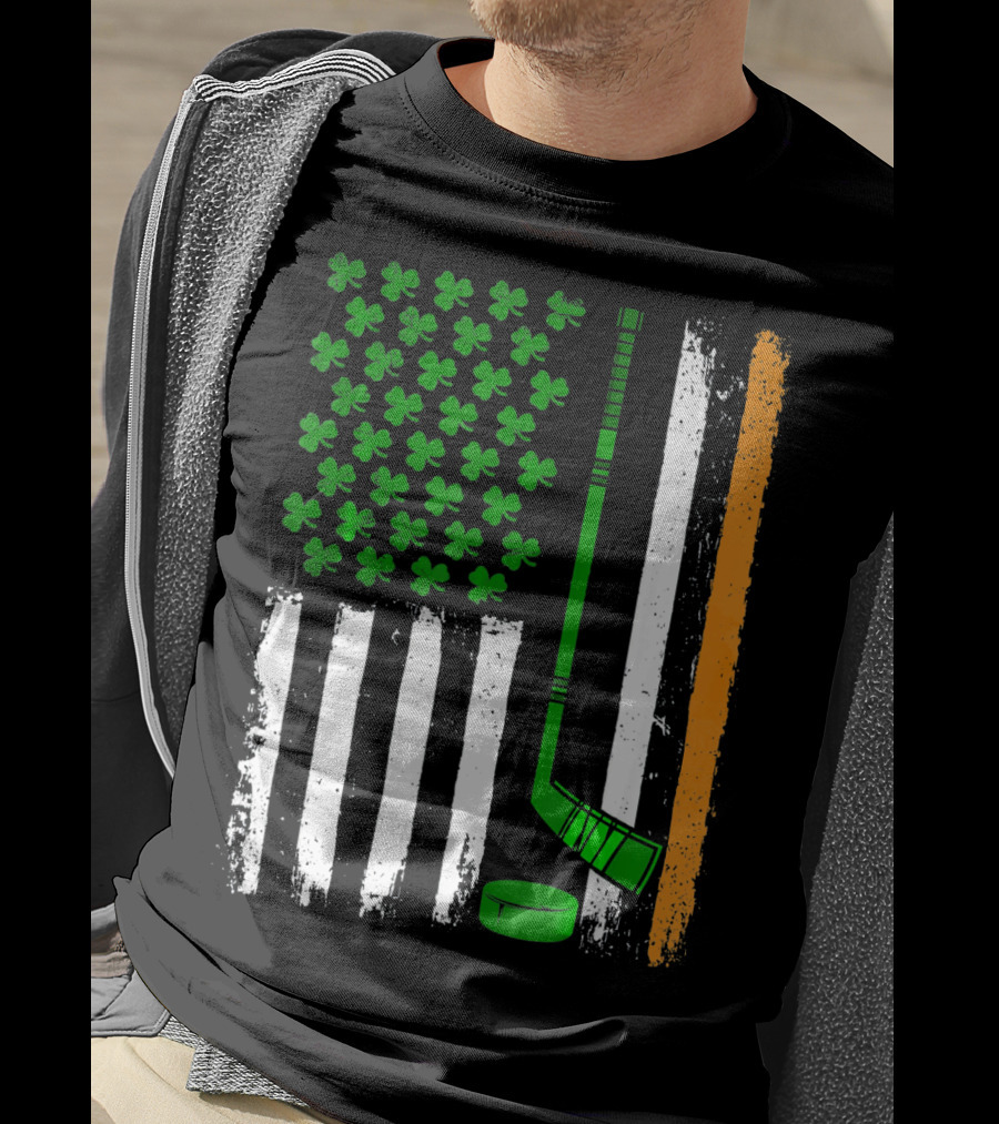 Hockey St Patricks Irish American Flag Shamrock Hockey Stick T-Shirt