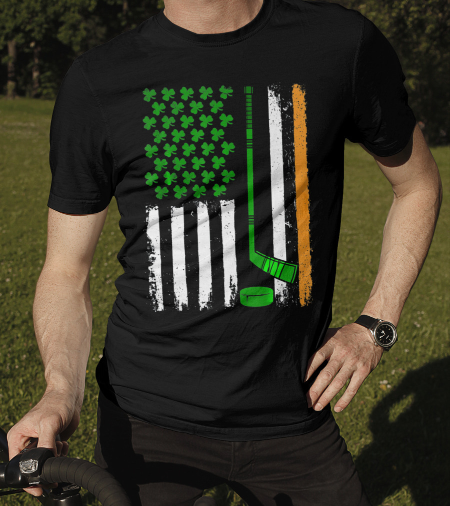 Hockey St Patricks Irish American Flag Shamrock Hockey Stick T-Shirt