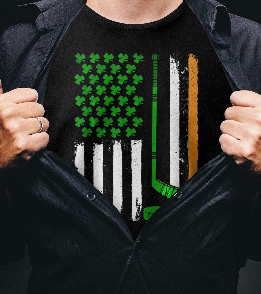 Hockey St Patricks Irish American Flag Shamrock Hockey Stick T-Shirt