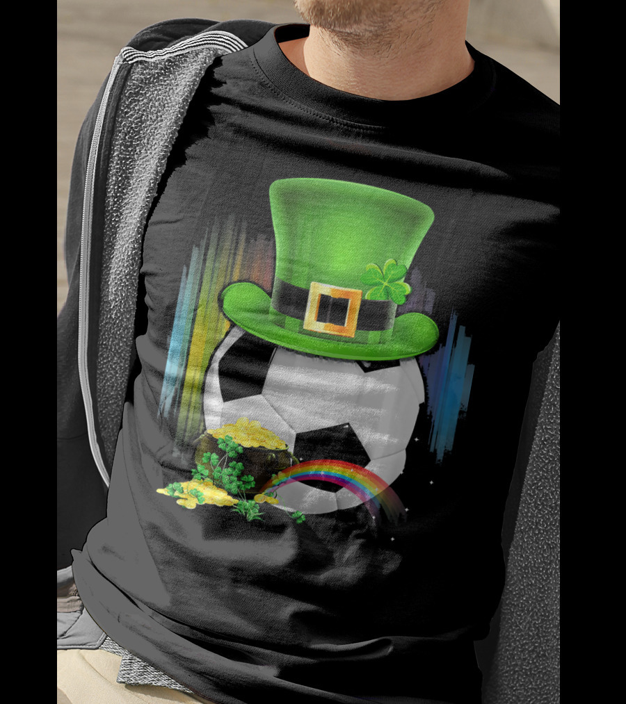 Soccer Ball Leprechaun Hat Pot Of Gold Rainbow Saint Patricks T-Shirt