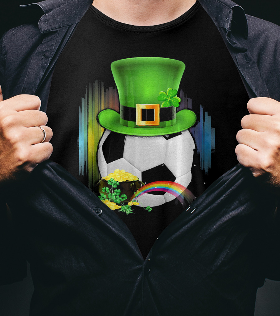 Soccer Ball Leprechaun Hat Pot Of Gold Rainbow Saint Patricks T-Shirt