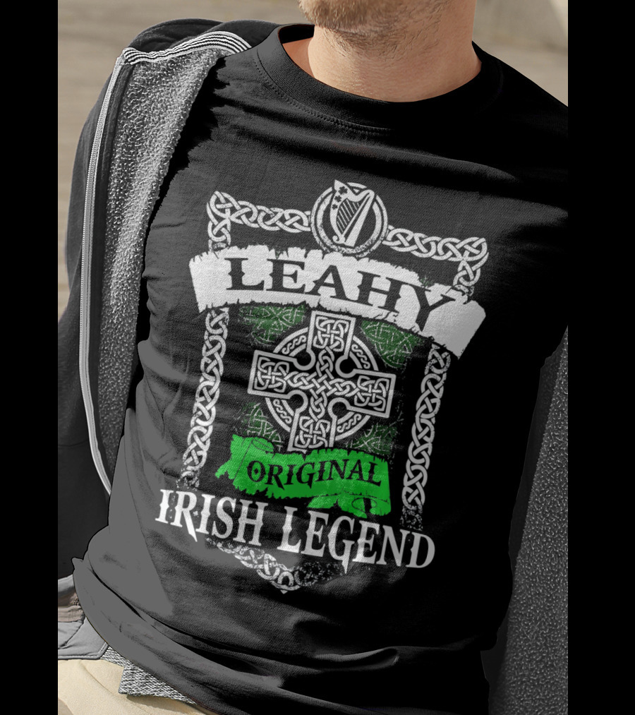 LEAHY Original Irish Legend Celtic Knot Cross Harp Emblem T-Shirt