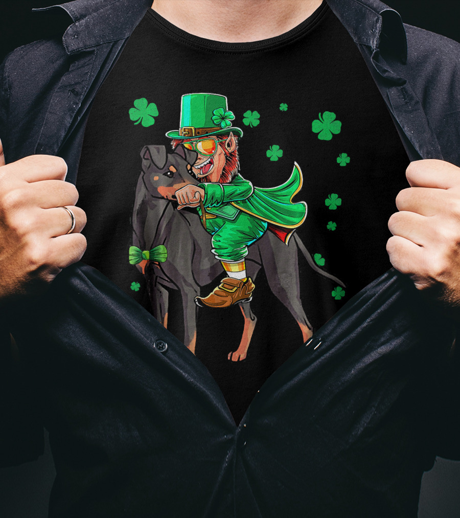 Leprechaun Riding Manchester Terrier With Shamrocks T-Shirt