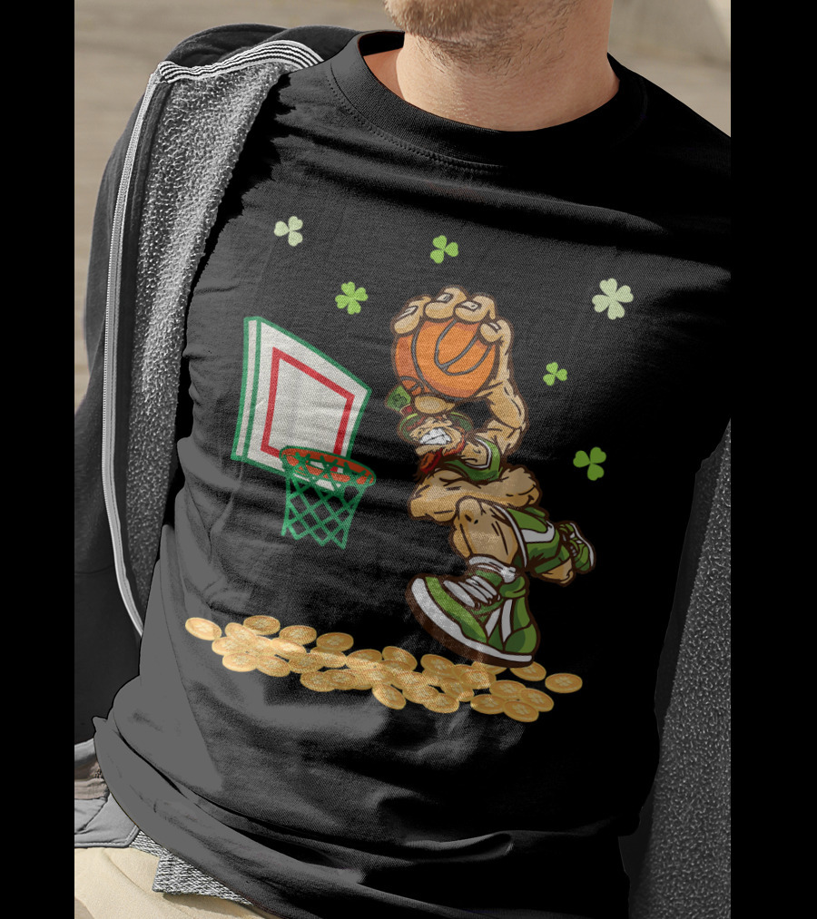 Leprechaun Dunking Basketball Surrounded By Shamrocks And Gold Coins T-Shirt
