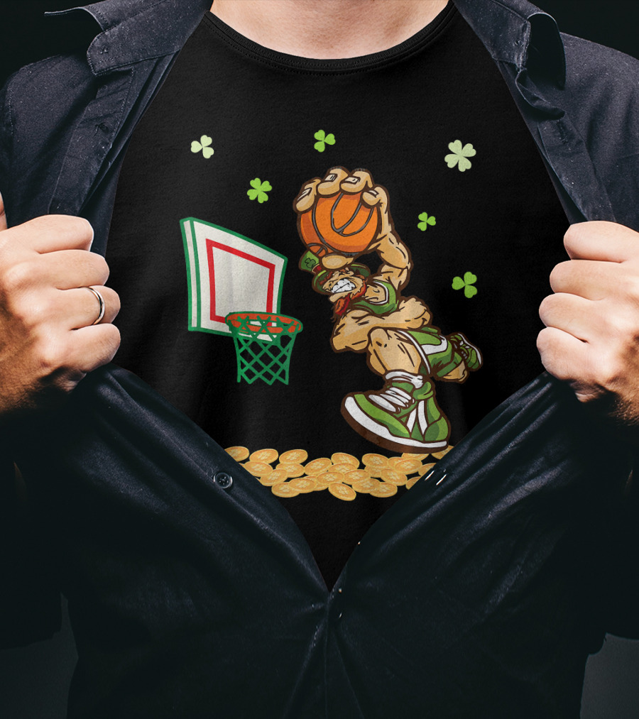 Leprechaun Dunking Basketball Surrounded By Shamrocks And Gold Coins T-Shirt
