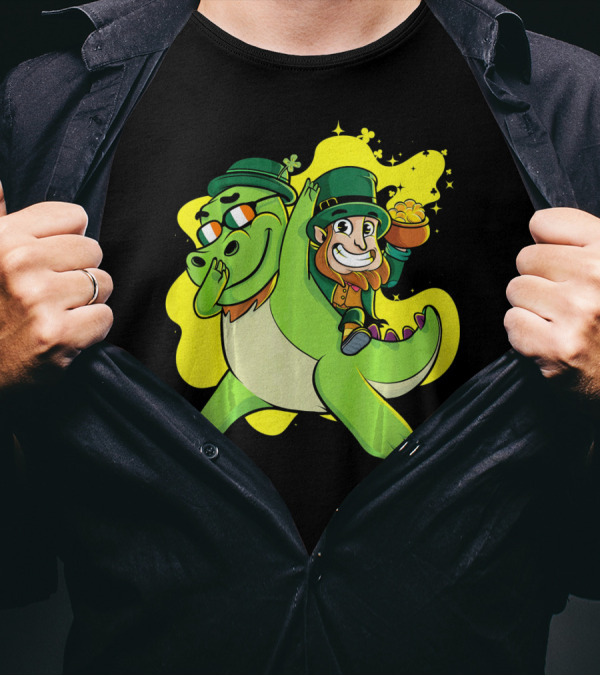 Dabbing Dinosaur And Leprechaun With Gold For St Patrick's Day T-Shirt