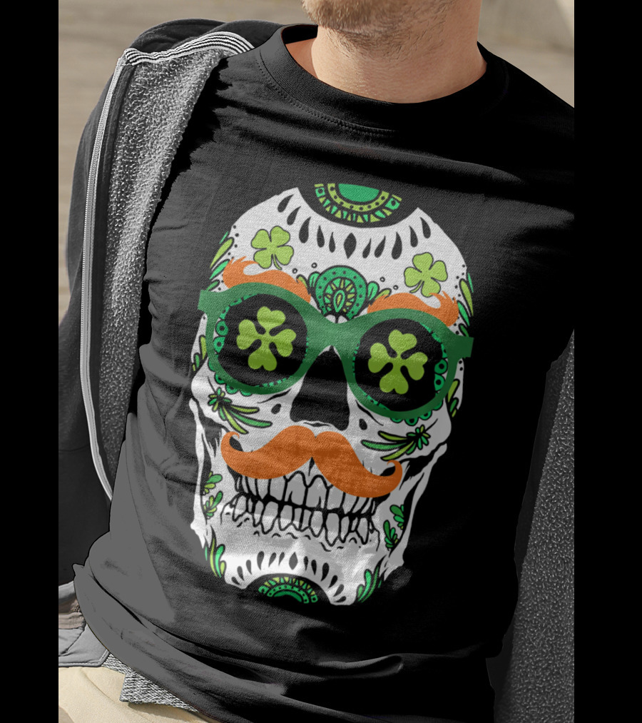 Sugar Skull Clover Mustache St. Patrick's Day T-Shirt