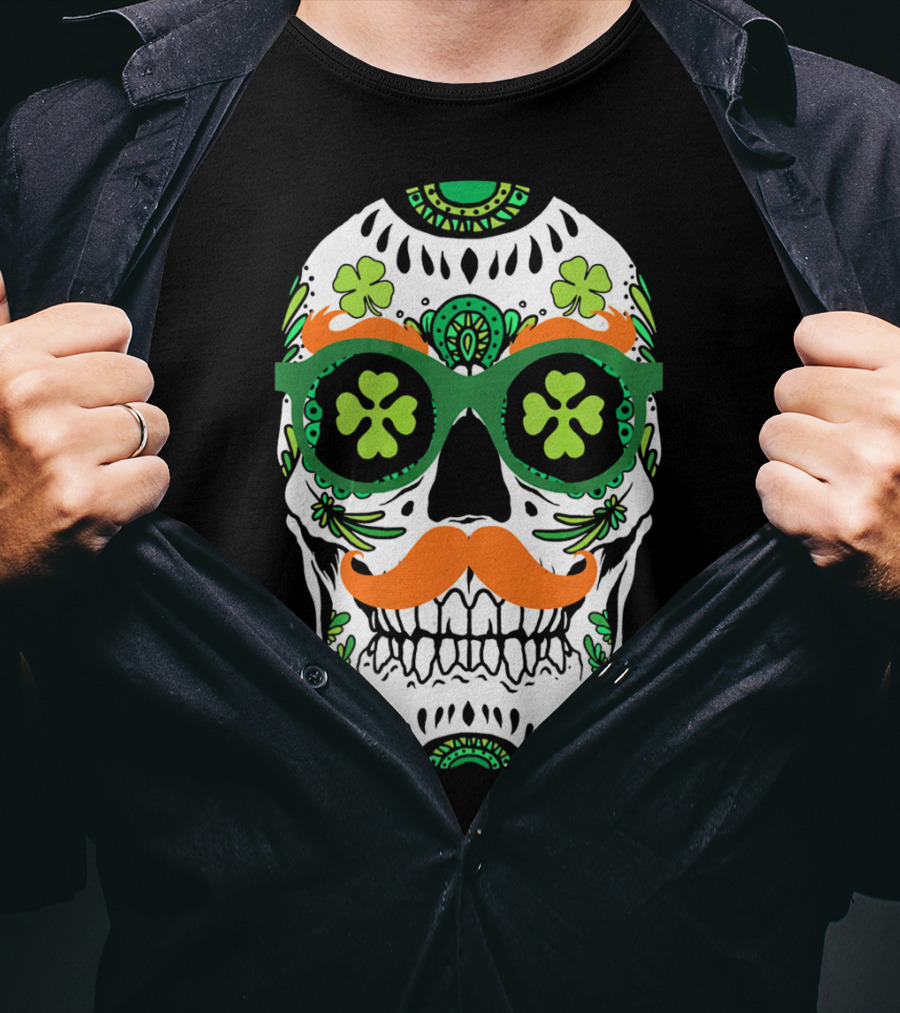 Sugar Skull Clover Mustache St. Patrick's Day T-Shirt