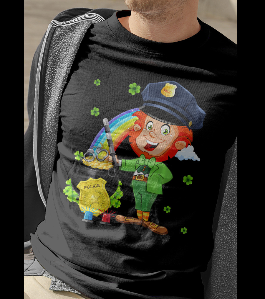 Police Leprechaun Pot Of Gold Rainbow Clover St. Patricks T-Shirt
