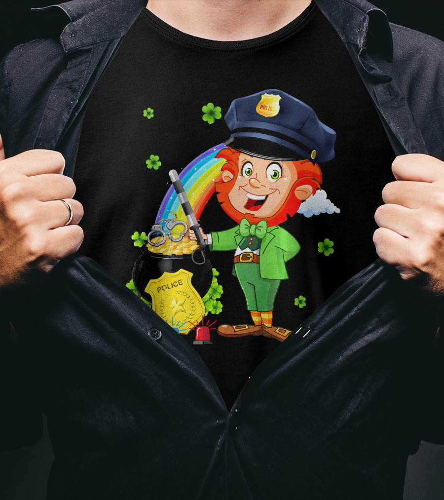 Police Leprechaun Pot Of Gold Rainbow Clover St. Patricks T-Shirt