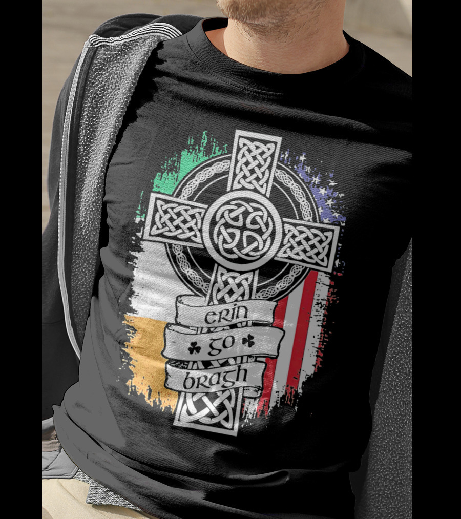 Erin Go Bragh Celtic Cross Irish American Flag T-Shirt