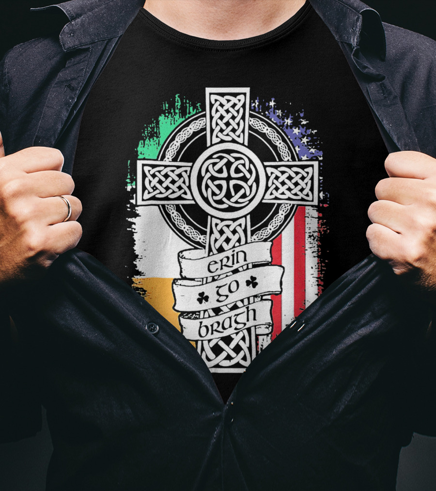 Erin Go Bragh Celtic Cross Irish American Flag T-Shirt