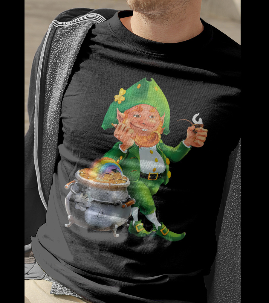 Cool Leprechaun With Rainbow And Gold Pot T-Shirt