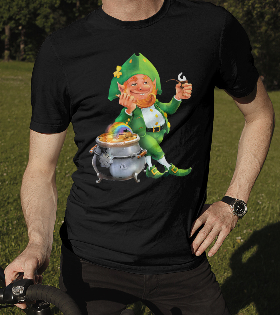Cool Leprechaun With Rainbow And Gold Pot T-Shirt