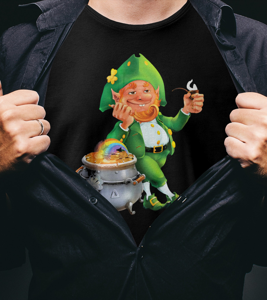Cool Leprechaun With Rainbow And Gold Pot T-Shirt