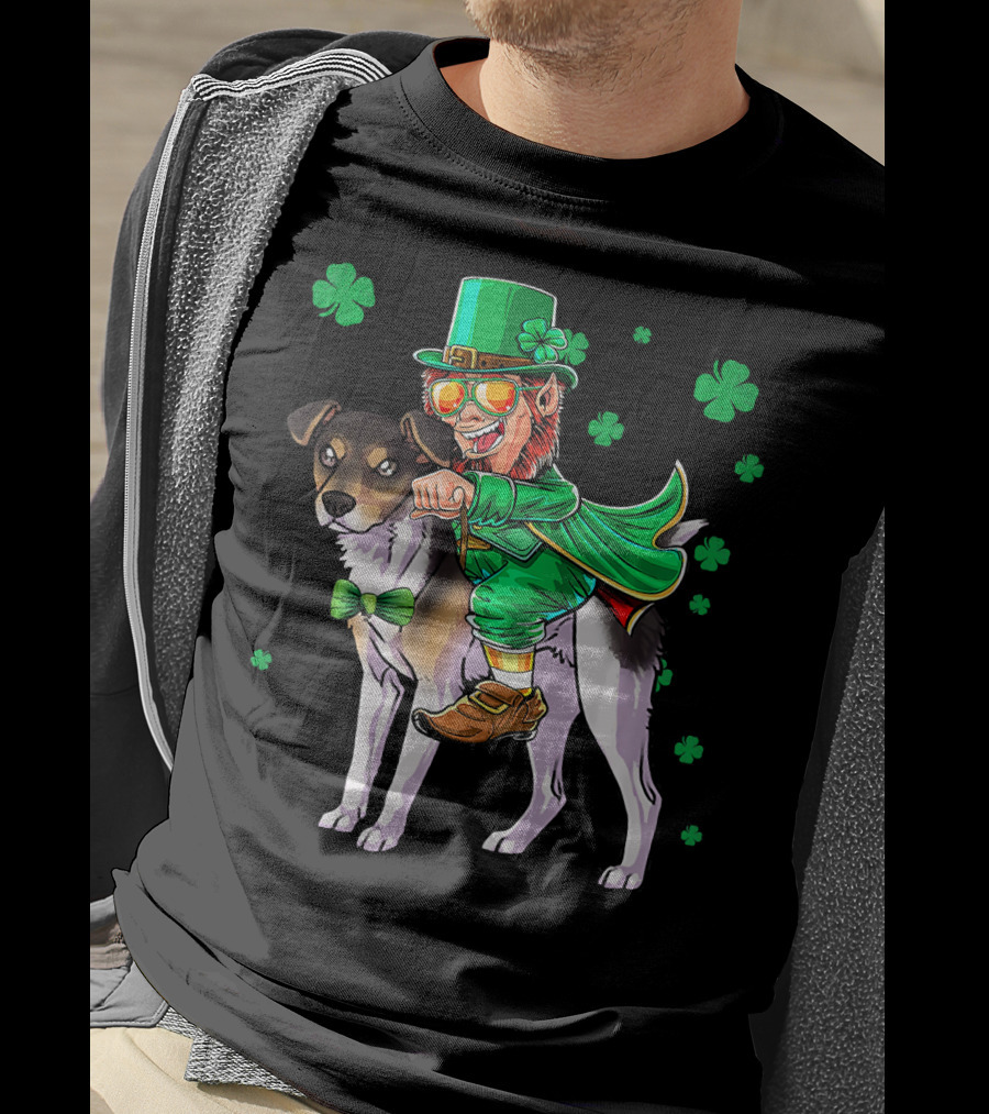 Leprechaun Riding Rat Terrier With Shamrock Pattern St Patrick's Day T-Shirt