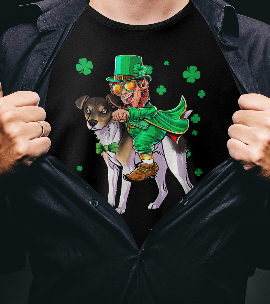 Leprechaun Riding Rat Terrier With Shamrock Pattern St Patrick's Day T-Shirt