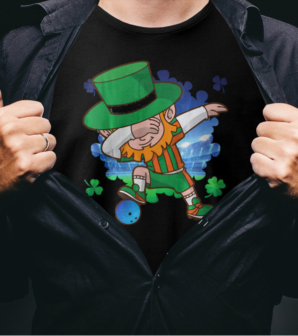 Leprechaun Dabbing Bowling With Clover Accents T-Shirt