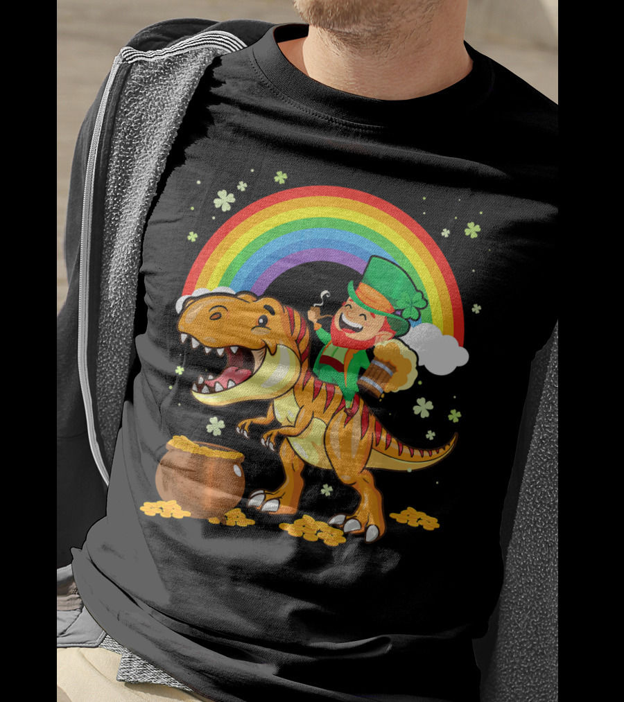 Leprechaun Drinking Beer Riding Dinosaur Under Rainbow With Pot Of Gold T-Shirt
