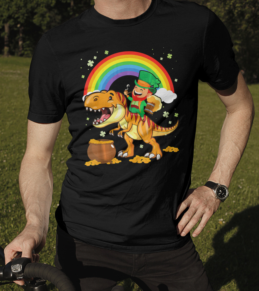 Leprechaun Drinking Beer Riding Dinosaur Under Rainbow With Pot Of Gold T-Shirt