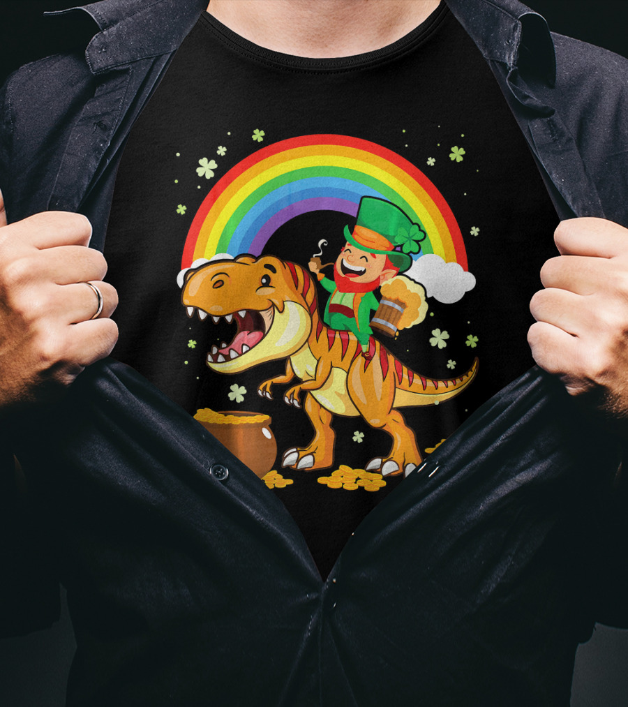 Leprechaun Drinking Beer Riding Dinosaur Under Rainbow With Pot Of Gold T-Shirt