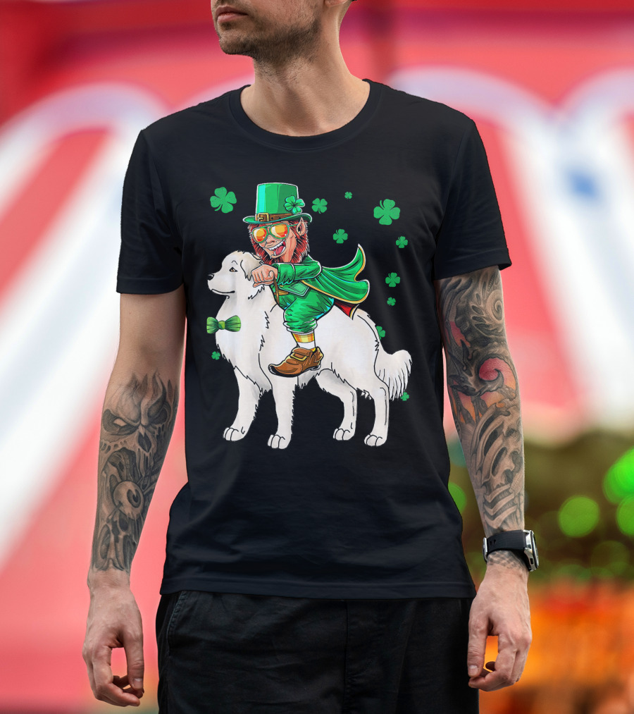 Great Pyrenees Leprechaun Riding Shamrock T-Shirt