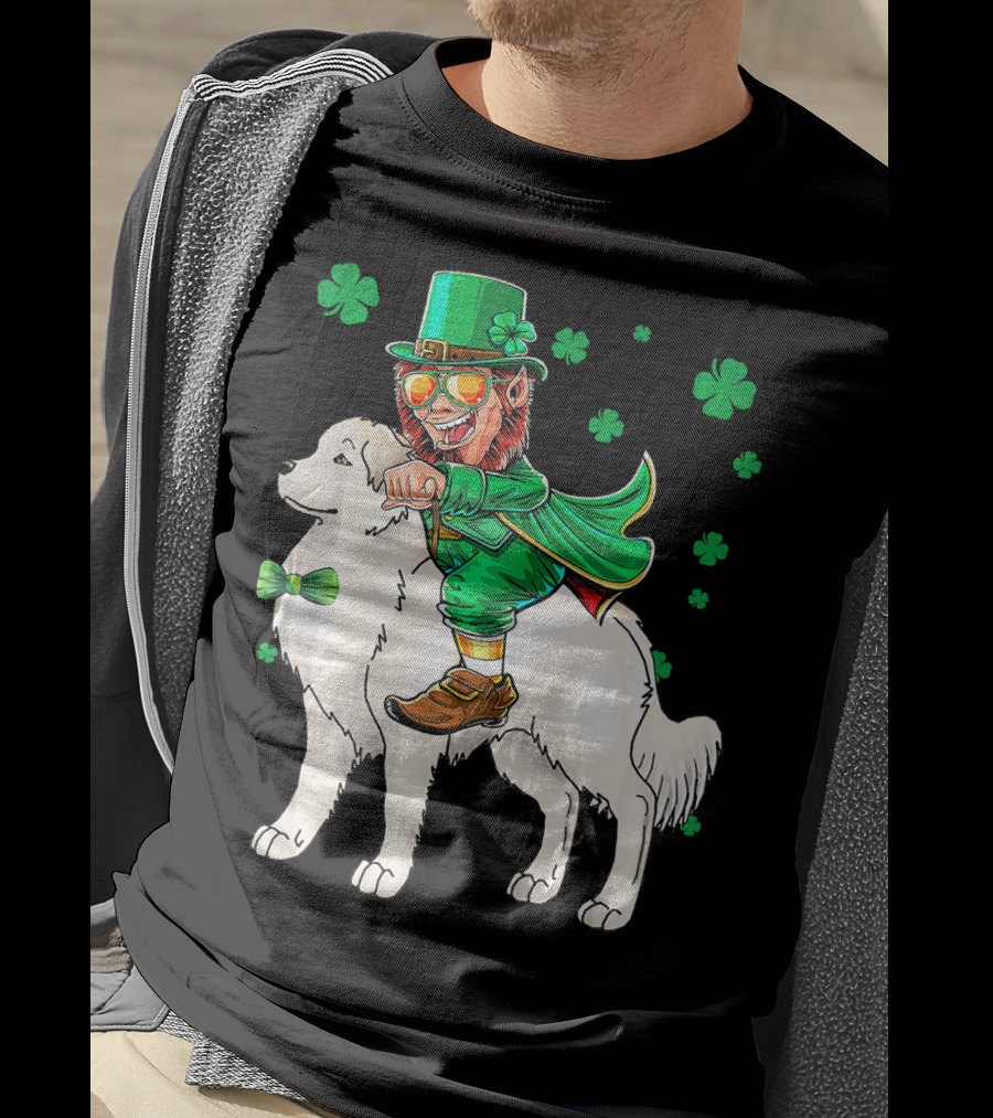 Great Pyrenees Leprechaun Riding Shamrock T-Shirt