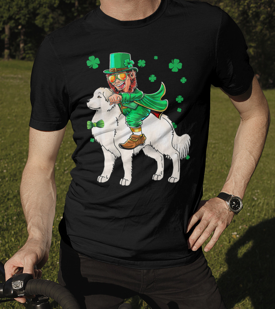 Great Pyrenees Leprechaun Riding Shamrock T-Shirt