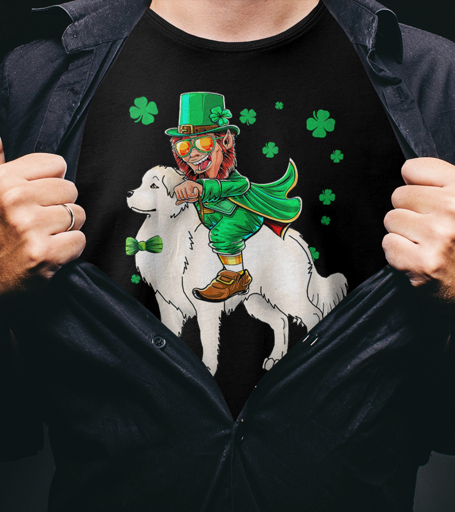 Great Pyrenees Leprechaun Riding Shamrock T-Shirt
