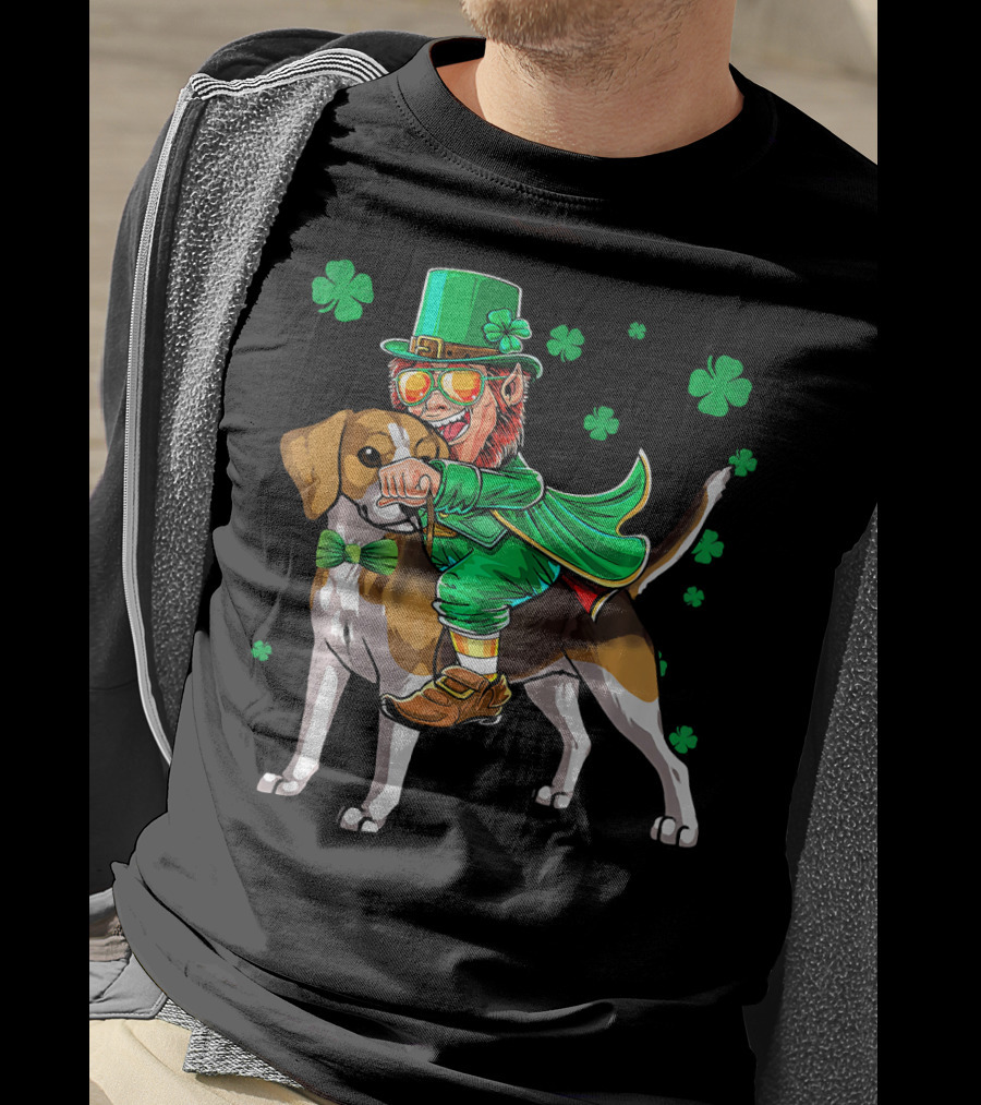 Leprechaun Riding Beagle With Shamrocks For St. Patrick's Day T-Shirt
