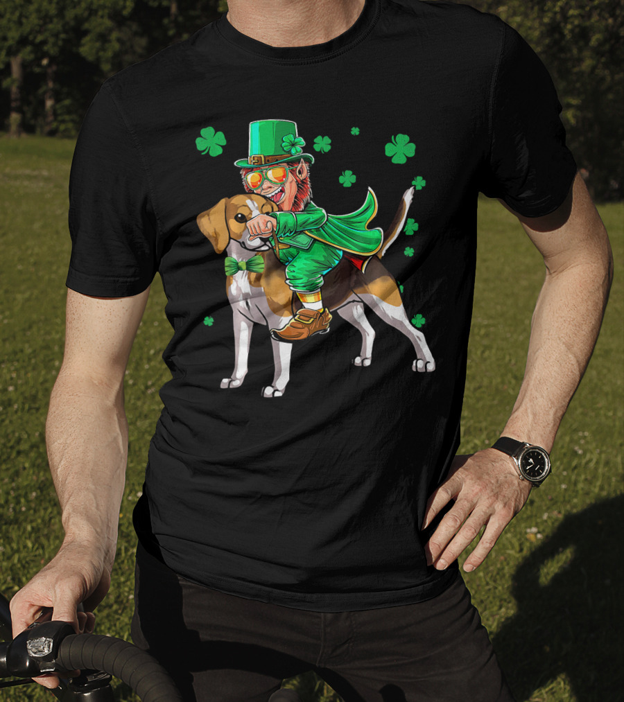 Leprechaun Riding Beagle With Shamrocks For St. Patrick's Day T-Shirt