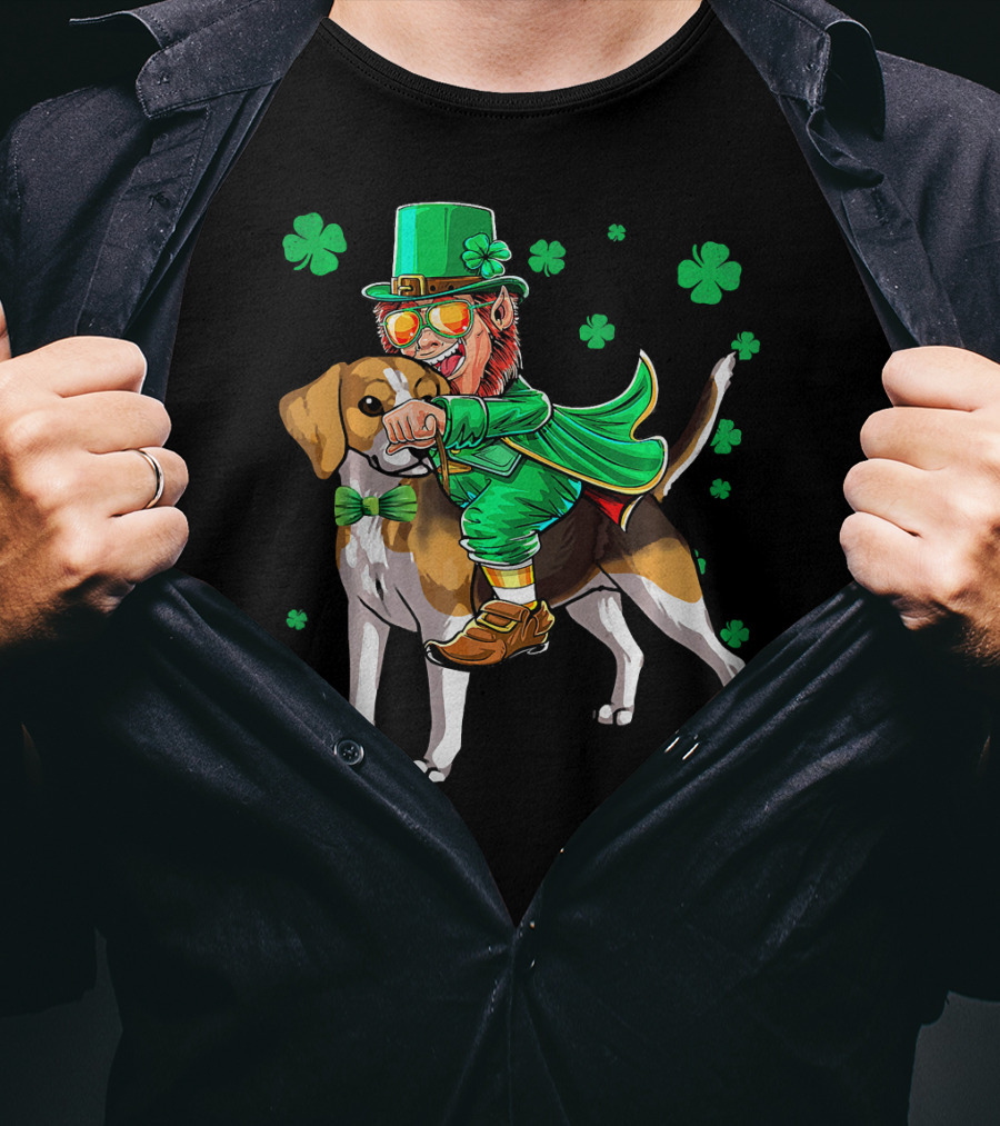Leprechaun Riding Beagle With Shamrocks For St. Patrick's Day T-Shirt
