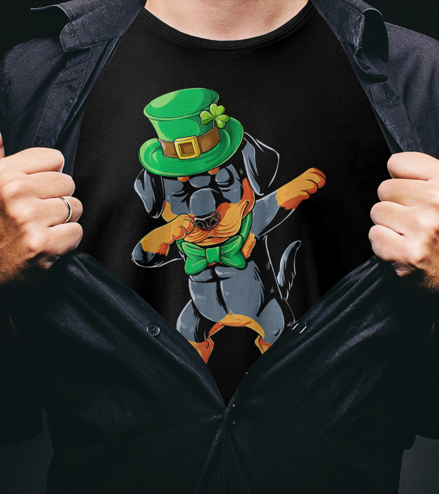 Dabbing Rottweiler St. Patrick's Day Hat And Bow Tie T-Shirt