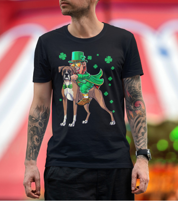 Premium T-Shirt: Leprechaun Riding Boxer Dog with Shamrocks St. Patrick's Day T-Shirt Leprechaun Riding Boxer Dog with Shamrocks St. Patrick's Day T-Shirt